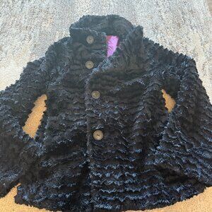 Patagonia Pelage Jacket Girls Large (12) Black Fuzzy Button Down Front Faux Fur